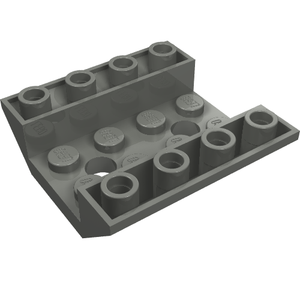 Grey LEGO 72454 Inverted Slope 45 4x4 Double with 2 Holes, viewed from an angle showing top studs and bottom structure.