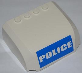 Light gray LEGO 5x6x2 curved top canopy with 4 studs on top, featuring a blue 'POLICE' sticker on its front.