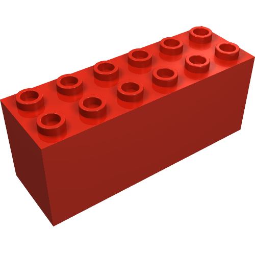 Red LEGO 2x6 brick, showing 12 studs on top. The brick is solid red with a smooth finish.