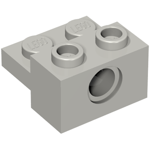 A light gray LEGO Technic brick, part 73109, a 1x2 modified brick with a side hole and a 1x2 plate on top.