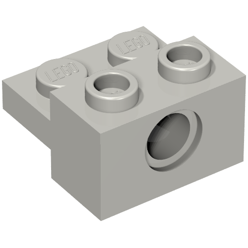A light gray LEGO Technic brick, part 73109, a 1x2 modified brick with a side hole and a 1x2 plate on top.