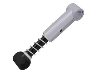 A LEGO Technic shock absorber 6.5L with a light gray cylinder, black piston rod, and white soft spring.