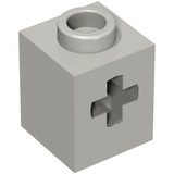 Light gray LEGO Technic Brick 1x1 with a stud on top and a cross axle hole on one side. Part 73230.