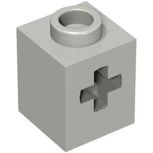 Light gray LEGO Technic Brick 1x1 with a stud on top and a cross axle hole on one side. Part 73230.
