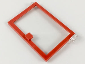 LEGO red 1x4x5 right door frame part 73435c01 with fixed trans-clear glass and small square detail.
