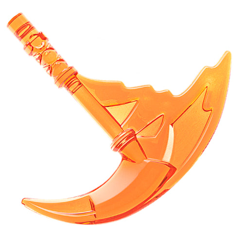Translucent orange LEGO minifigure weapon, a sickle with a curved blade and trailing energy effect.
