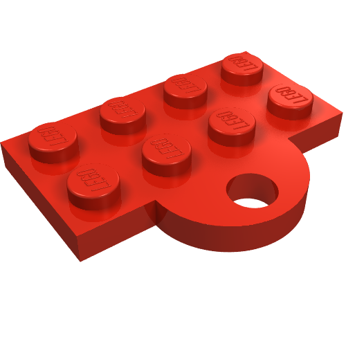 Red LEGO Plate, Modified 2 x 4 with Train Coupler Open for Magnet, viewed from above.