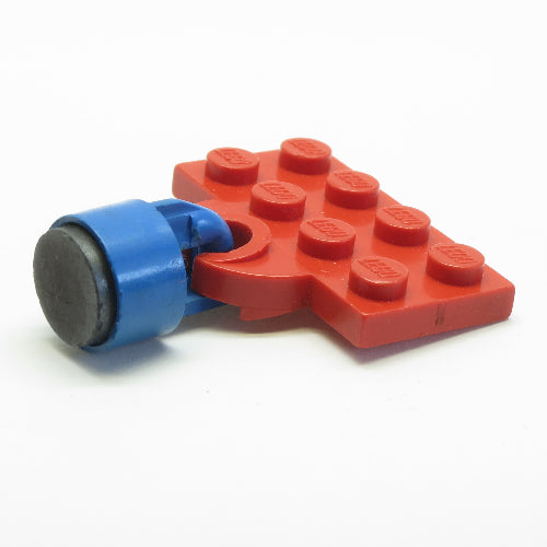 LEGO red 2x4 modified plate with train coupler, blue magnet coupling, and 6.5mm black cylinder magnet
