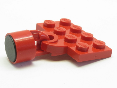 Red LEGO 2x4 modified plate with train coupler and a black 7.5mm magnet coupling.