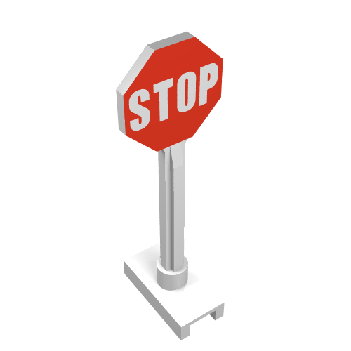 LEGO 739p01 Road Sign. Red octagonal stop sign, white 'STOP' text, grey pole, white base.