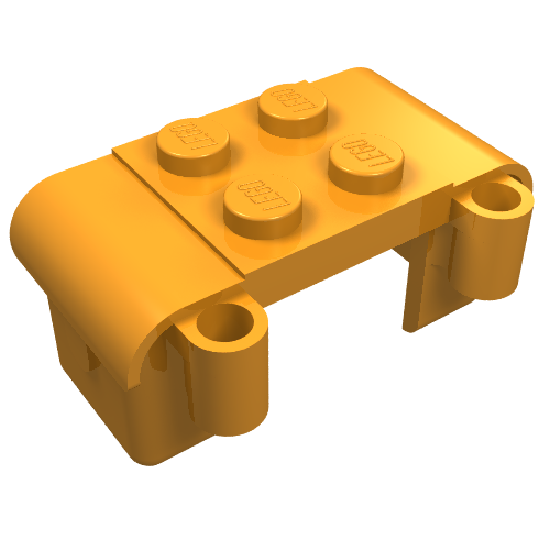 Yellow LEGO Fabuland 749 saddlebag or side bag piece with four studs on top and cylindrical peg connectors at each end.