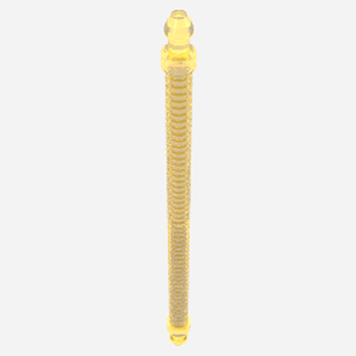 A single transparent yellow LEGO flexible hose, 8.5L, with a ridged body and smooth ends, stands vertically.