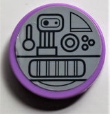 Round purple LEGO 2x2 tile with light bluish gray sticker featuring black mechanical parts: camera, lever, radar, buttons, grill.