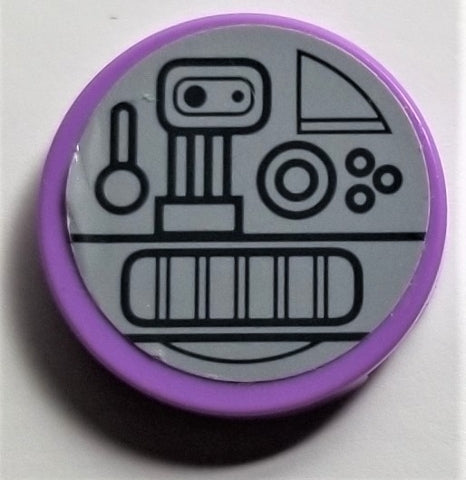 Round purple LEGO 2x2 tile with light bluish gray sticker featuring black mechanical parts: camera, lever, radar, buttons, grill.