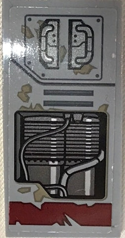 LEGO grey curved slope 93606pb085 sticker featuring two damaged top panels, a detailed vent with hoses, and a red base.