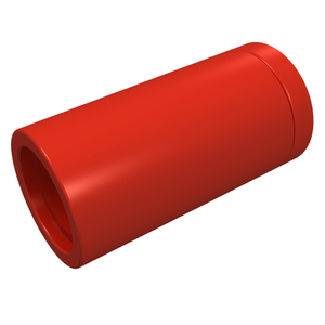 A red LEGO Technic Pin Connector Round 2L without Slot, a cylindrical pin joiner part, shown at an angle on a white background.