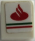White LEGO Slope 30 1 x 1 x 2/3 with red Santander logo and green and red lines sticker.