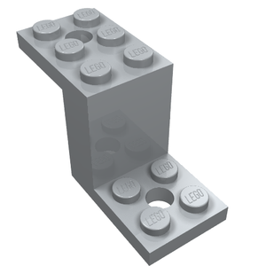 Light gray LEGO 76766 bracket, L-shaped, with studs and a hole on the upper 5x2 plate and on the lower 2x2 plate.