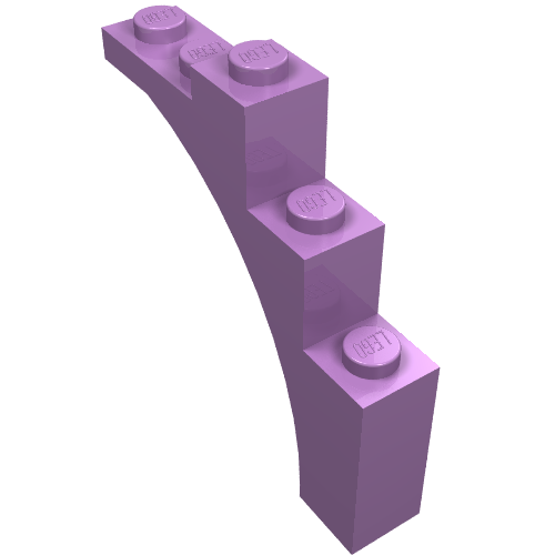 A single purple LEGO Arch 1 x 5 x 4 Irregular Bow brick with four studs, angled view.
