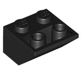 Black LEGO inverted 45-degree 2x2 slope brick with two studs on top and two hollow round tubes visible underneath.