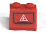 Red LEGO 2x2 45-degree slope brick with a white electricity danger sign (lightning bolt in a triangle) in a black outline.