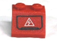 Red LEGO 2x2 45-degree slope brick with a white electricity danger sign (lightning bolt in a triangle) in a black outline.