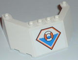White LEGO 5x8x2 windscreen with Coast Guard logo sticker featuring an orange lifebuoy and blue waves in a diamond frame.