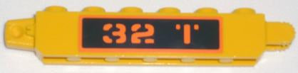 Yellow LEGO Hinge Brick 1x6 Locking, part 30388pb004, with orange '32 T' on black background pattern.