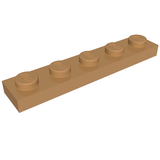 A tan LEGO Plate 1x5 with five studs visible on top, viewed from a slightly elevated angle against a white background.