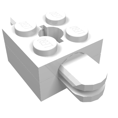 White LEGO 792c03 Arm Holder Brick 2x2, featuring a round top hole, four studs, and two arms extending from one side.