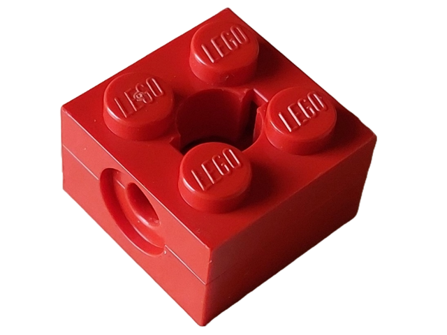 Red LEGO 792c04 Arm Holder Brick, 2x2 with four studs (each embossed with LEGO) and a round side hole.
