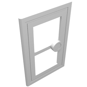 Light gray LEGO Door 1 x 3 x 4 with two open sections and a circular handle, angled view on white background.