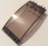 Trans-smoke curved LEGO windscreen 8x4x2 with studs, featuring white dotted 'LEGO CITY' text on a black background sticker.
