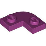 A single purple LEGO 79491 Plate, Round Corner 2 x 2 with 1 x 1 Cutout part, viewed from an angle on a white background.