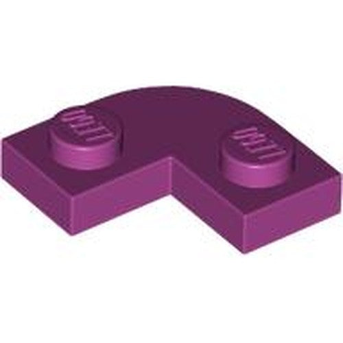 A single purple LEGO 79491 Plate, Round Corner 2 x 2 with 1 x 1 Cutout part, viewed from an angle on a white background.