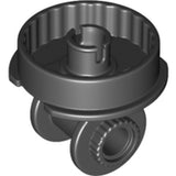 Dark gray LEGO Technic Rotation Joint Disk with a large pin and two rotation joints, angled view.