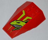 Red LEGO 6x4 triple curved wedge brick with a lime green shark head sticker pattern and lime green graphic details.