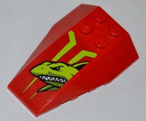 Red LEGO 6x4 triple curved wedge brick with a lime green shark head sticker pattern and lime green graphic details.