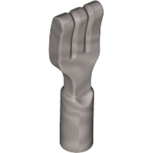 A grey LEGO minifigure utensil fork, featuring three prongs and a cylindrical base, standing upright on a white background.