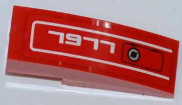 Red LEGO curved 3x1 slope brick with a white outlined panel featuring '7977' and a screw pattern.