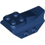 Dark blue LEGO part 79897, a curved 4x2 slope with 4 studs on top and 2 hollow studs on each side, wing end.