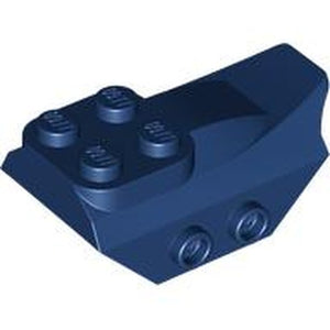 Dark blue LEGO part 79897, a curved 4x2 slope with 4 studs on top and 2 hollow studs on each side, wing end.