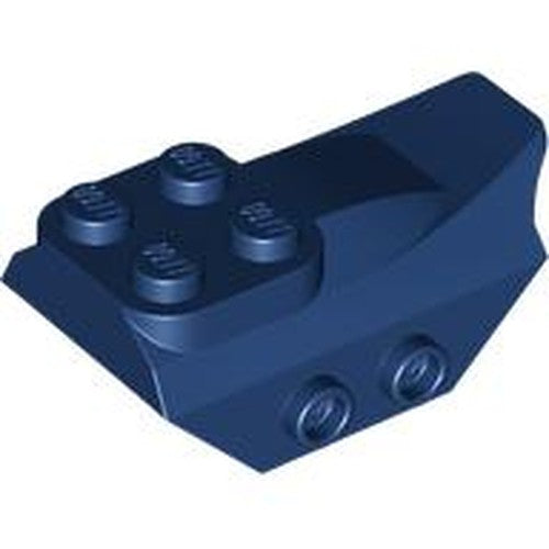 Dark blue LEGO part 79897, a curved 4x2 slope with 4 studs on top and 2 hollow studs on each side, wing end.