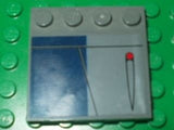 Gray LEGO 4x4 modified tile with studs on edge, featuring a dark blue rectangle, thin lines, and a red dot.