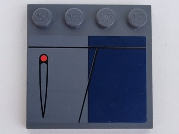 Grey LEGO 4x4 tile with four studs on edge, featuring a pattern of lines, a red dot, and a dark blue rectangle.