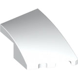 White LEGO 3x2 Right Wedge Plate, with no studs, featuring a smooth, curved upper surface and notched base.
