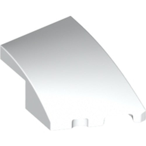 White LEGO 3x2 Right Wedge Plate, with no studs, featuring a smooth, curved upper surface and notched base.
