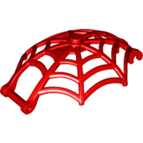 Red LEGO 80487 dome-shaped spider web accessory with a bar and two clips, isolated on a white background.