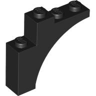 A single black LEGO Arch 1 x 4 x 3 brick with four studs on top, featuring an arched support on one side.