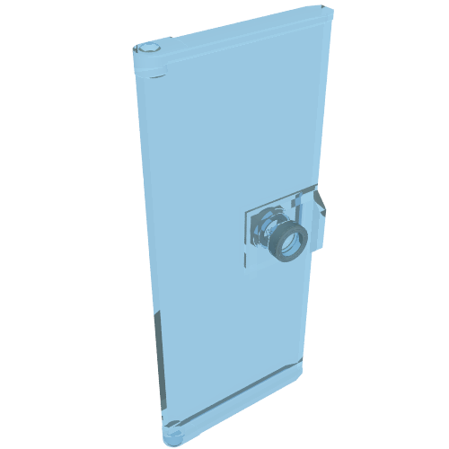 LEGO 80683 Door 1 x 3 x 6 with Stud Handle, rendered in transparent light blue plastic, angled view.